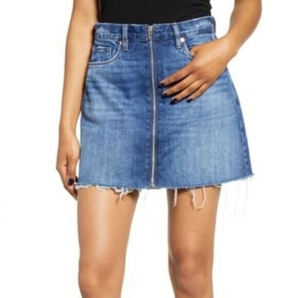 😎New Sz 27 Women's Denim Mini Skirt BLANKNYC Zip Front Raw Hem Blue western Y2K - Picture 1 of 7